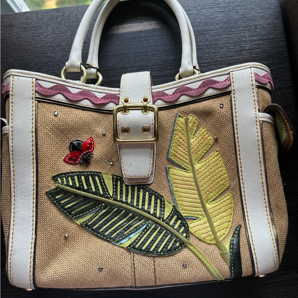 Coach Ladybug Motif Boxy Straw Tote Bag